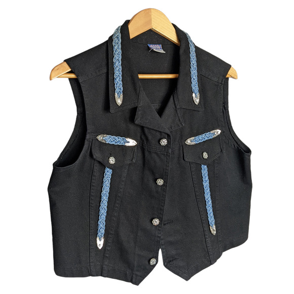 Vintage Jackets & Blazers - Vintage Watch L.A. Size XL Black Denim Cotton Vest Rhinestone Buttons EUC